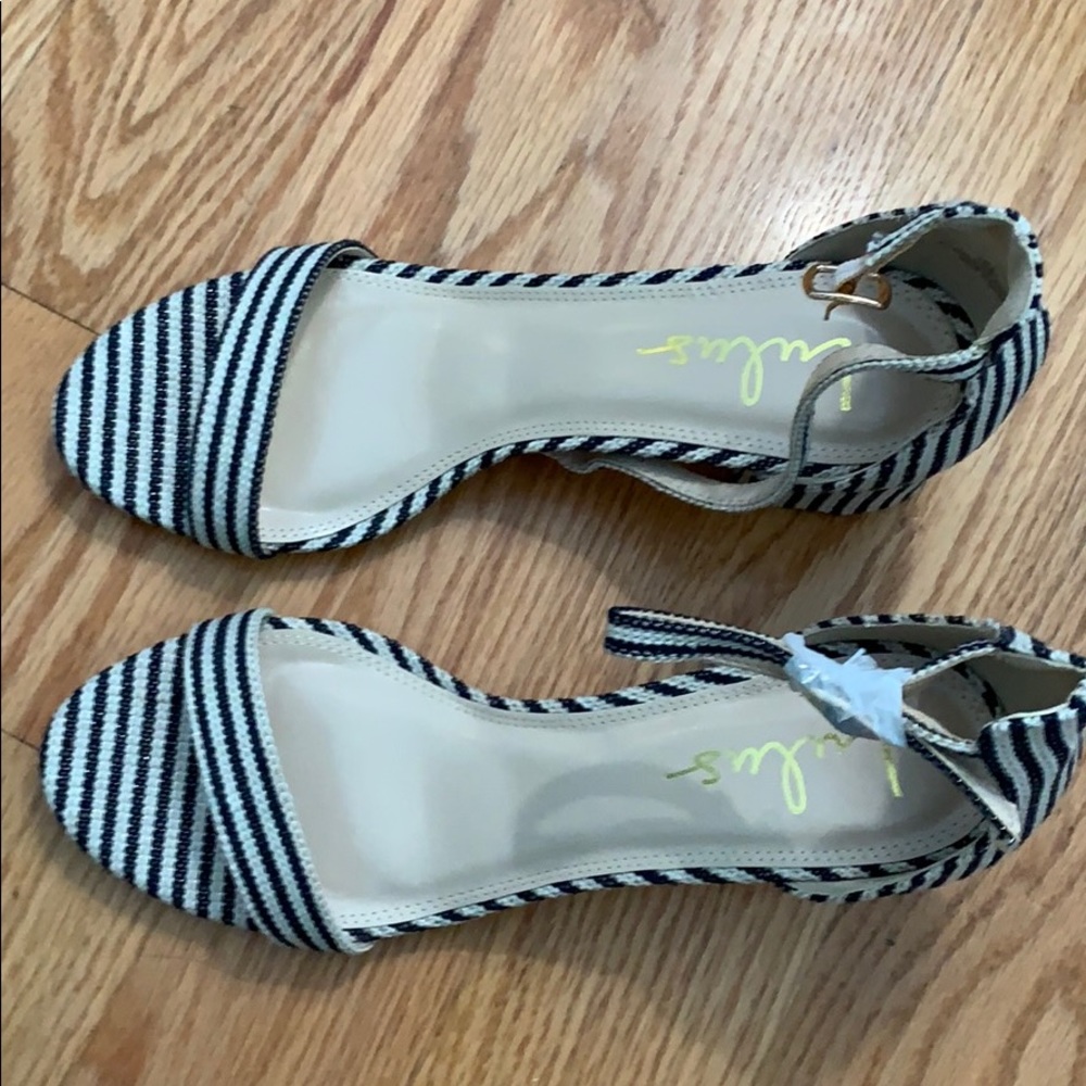 Navy Striped Chunky Heeled Sandals w/ Ankle Strap